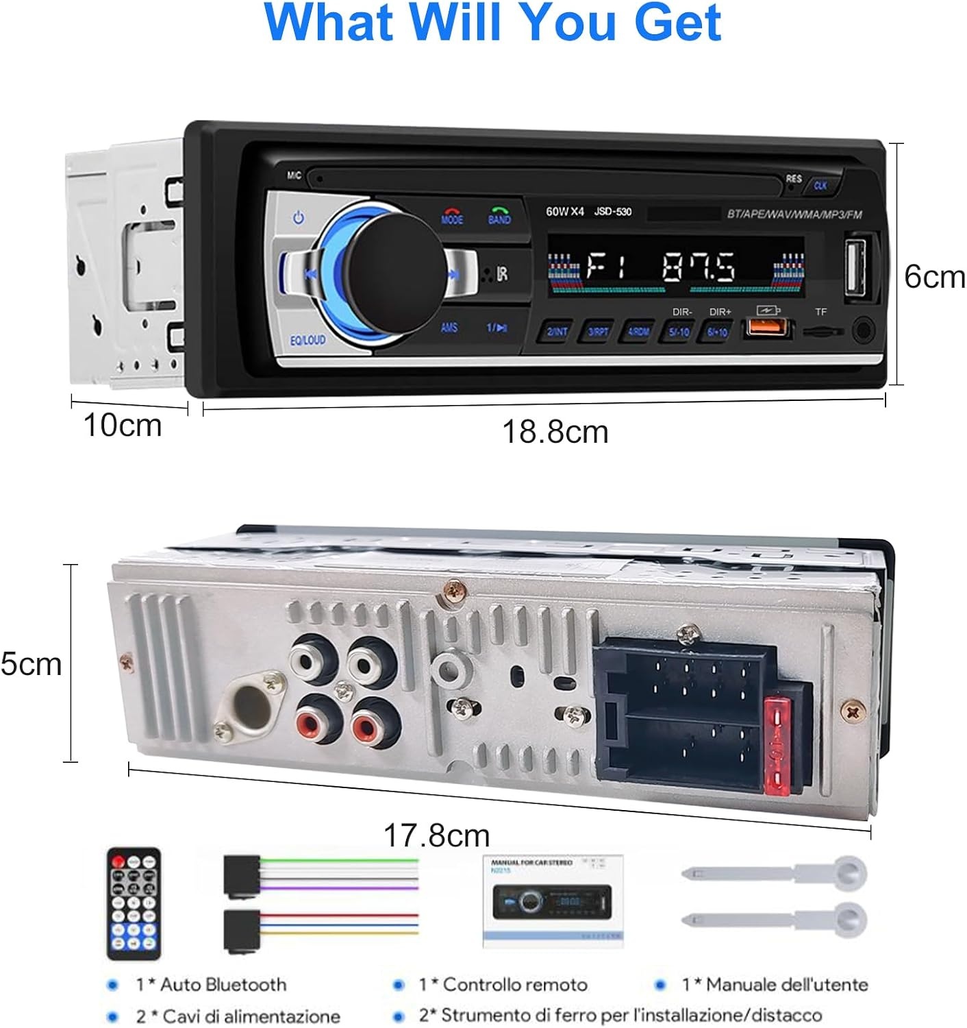 Autoradio Bluetooth 5.0, 4 x 60 W 1 DIN AM/FM autoradio met handsfree functie, stereogeluid met klok/afstandsbediening/dubbel USB/LCD-scherm, ondersteunt 2 USB/AUX/SD/TF/EQ/DSP