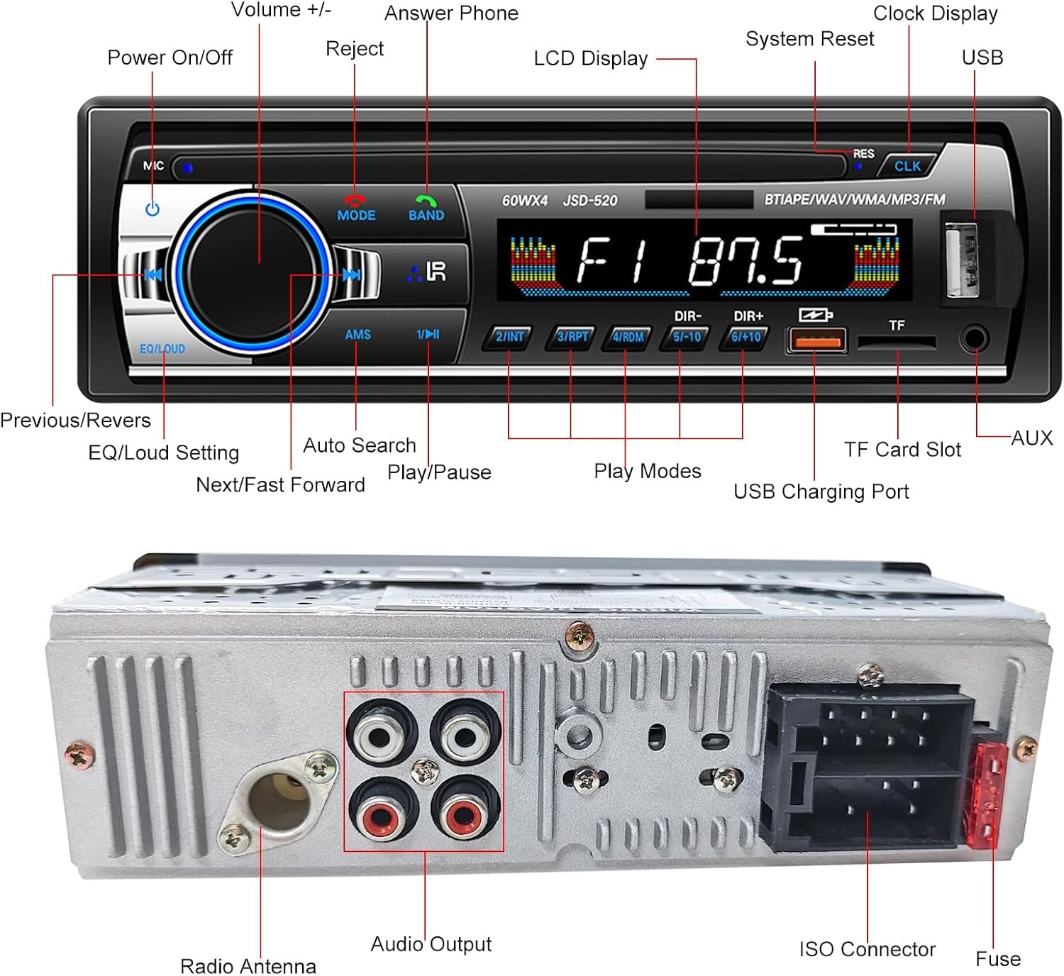 Autoradio Bluetooth 5.0, 4 x 60 W 1 DIN AM/FM autoradio met handsfree functie, stereogeluid met klok/afstandsbediening/dubbel USB/LCD-scherm, ondersteunt 2 USB/AUX/SD/TF/EQ/DSP