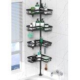 Telescopic Shower Caddy Corner - Height Adjustable Bathroom Rack from 63 to 305 cm, Rustproof Shower Caddy with 4 Levels and 28 Hooks, No Bore Shower Rack