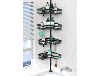 Telescopic Shower Caddy Corner - Height Adjustable Bathroom Rack from 63 to 305 cm, Rustproof Shower Caddy with 4 Levels and 28 Hooks, No Bore Shower Rack