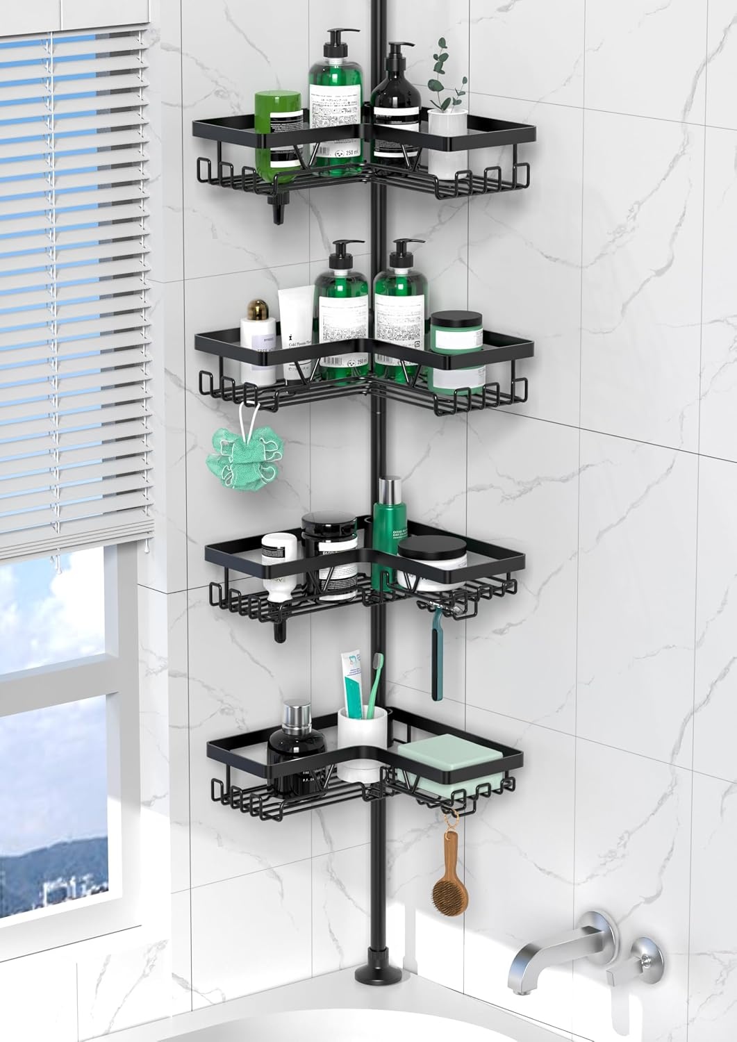 Telescopic Shower Caddy Corner - Height Adjustable Bathroom Rack from 63 to 305 cm, Rustproof Shower Caddy with 4 Levels and 28 Hooks, No Bore Shower Rack