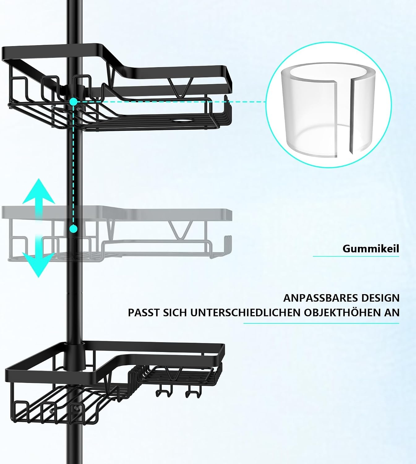 Telescopic Shower Caddy Corner - Height Adjustable Bathroom Rack from 63 to 305 cm, Rustproof Shower Caddy with 4 Levels and 28 Hooks, No Bore Shower Rack