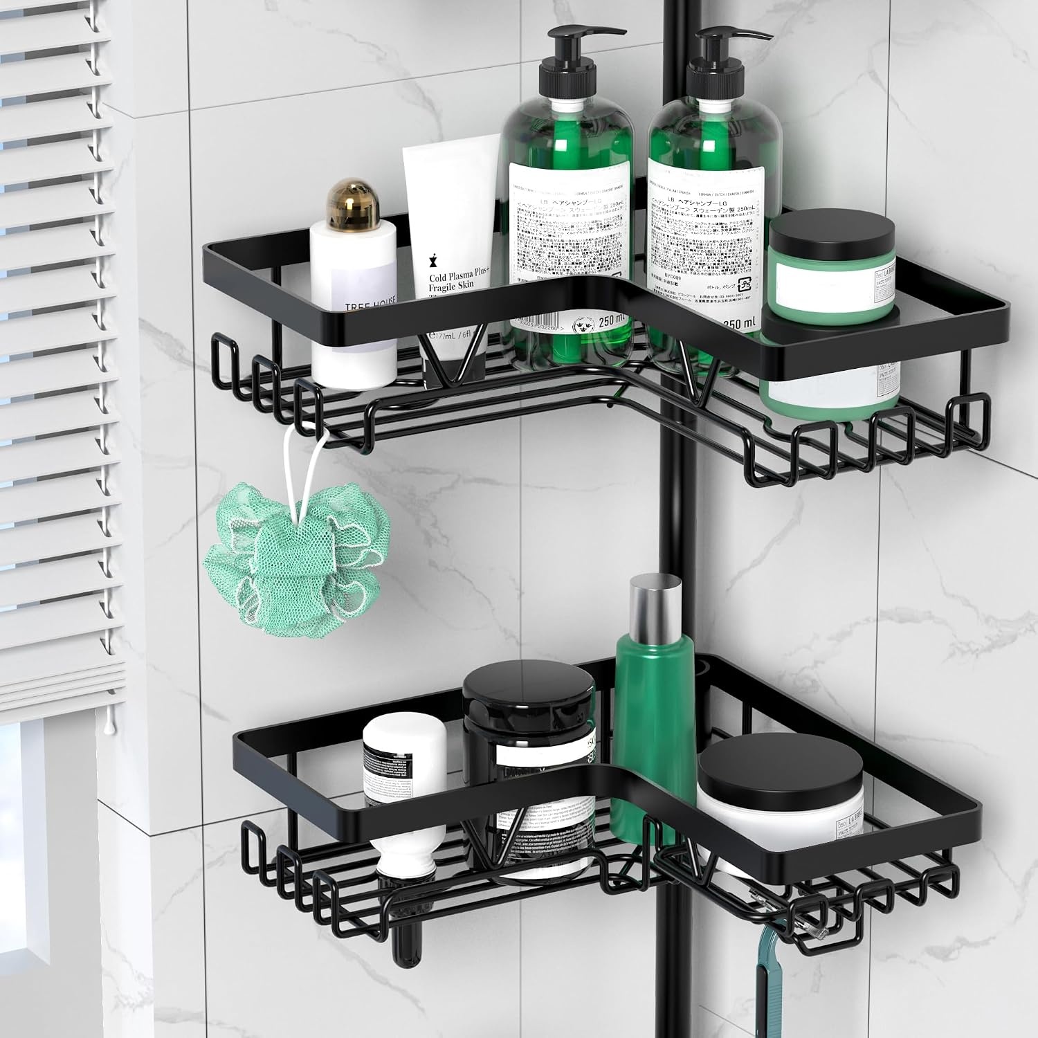 Telescopic Shower Caddy Corner - Height Adjustable Bathroom Rack from 63 to 305 cm, Rustproof Shower Caddy with 4 Levels and 28 Hooks, No Bore Shower Rack