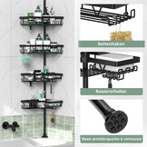 Telescopic Shower Caddy Corner - Height Adjustable Bathroom Rack from 63 to 305 cm, Rustproof Shower Caddy with 4 Levels and 28 Hooks, No Bore Shower Rack