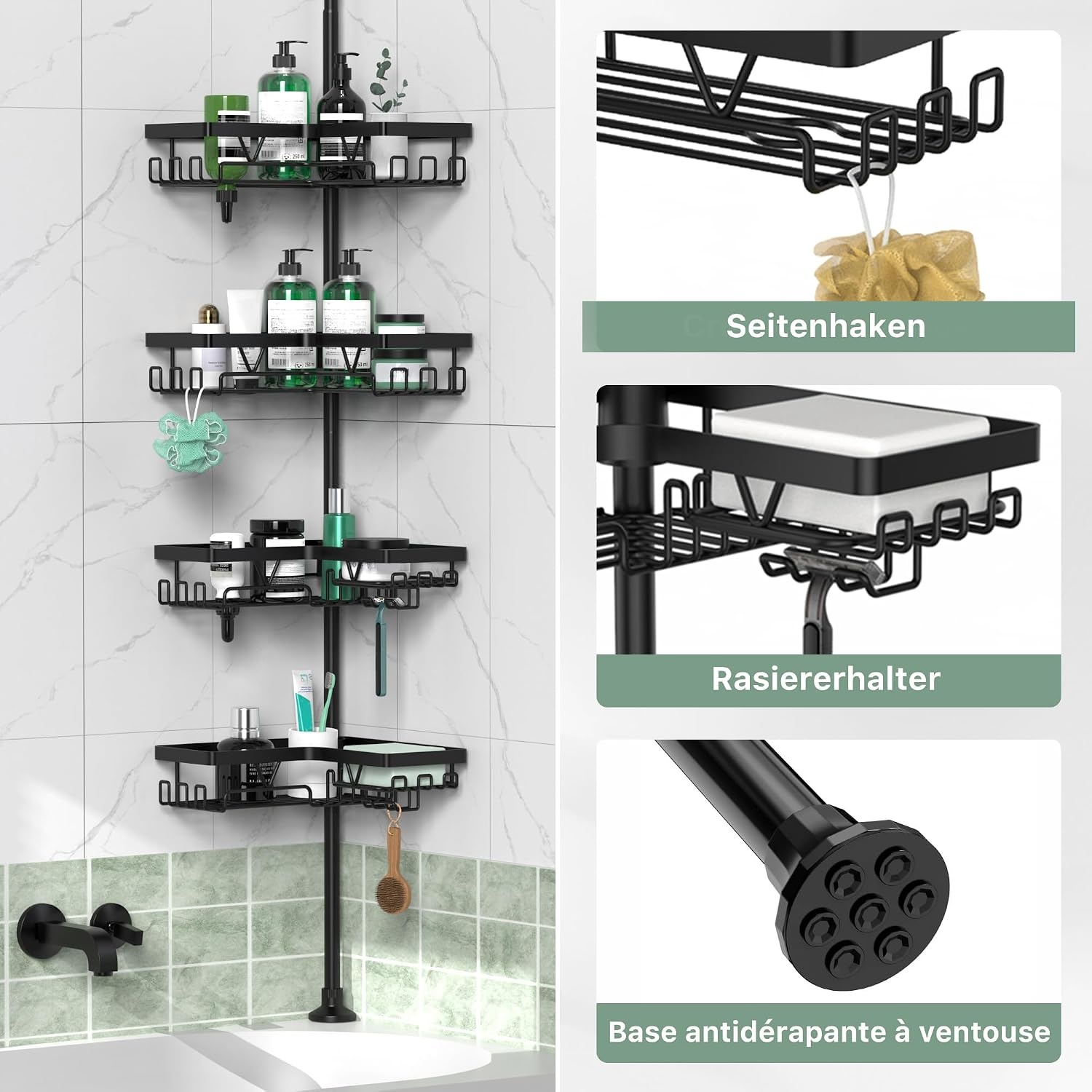 Telescopic Shower Caddy Corner - Height Adjustable Bathroom Rack from 63 to 305 cm, Rustproof Shower Caddy with 4 Levels and 28 Hooks, No Bore Shower Rack
