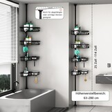 Telescopic Shower Caddy Corner - Height Adjustable Bathroom Rack from 63 to 305 cm, Rustproof Shower Caddy with 4 Levels and 28 Hooks, No Bore Shower Rack