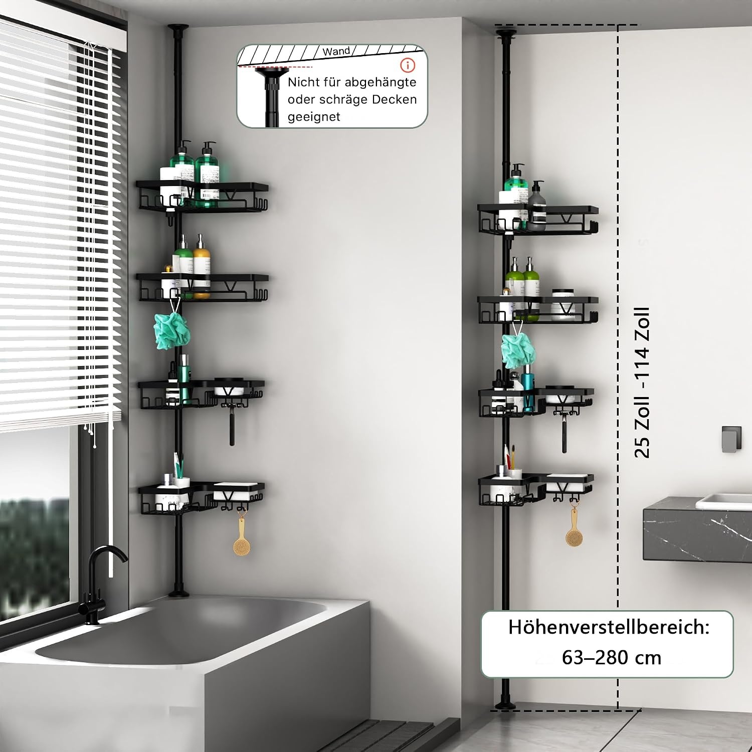 Telescopic Shower Caddy Corner - Height Adjustable Bathroom Rack from 63 to 305 cm, Rustproof Shower Caddy with 4 Levels and 28 Hooks, No Bore Shower Rack