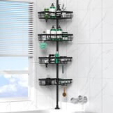Telescopic Shower Caddy Corner - Height Adjustable Bathroom Rack from 63 to 305 cm, Rustproof Shower Caddy with 4 Levels and 28 Hooks, No Bore Shower Rack