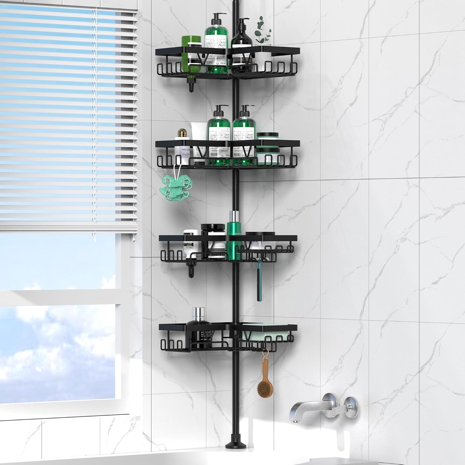 Telescopic Shower Caddy Corner - Height Adjustable Bathroom Rack from 63 to 305 cm, Rustproof Shower Caddy with 4 Levels and 28 Hooks, No Bore Shower Rack