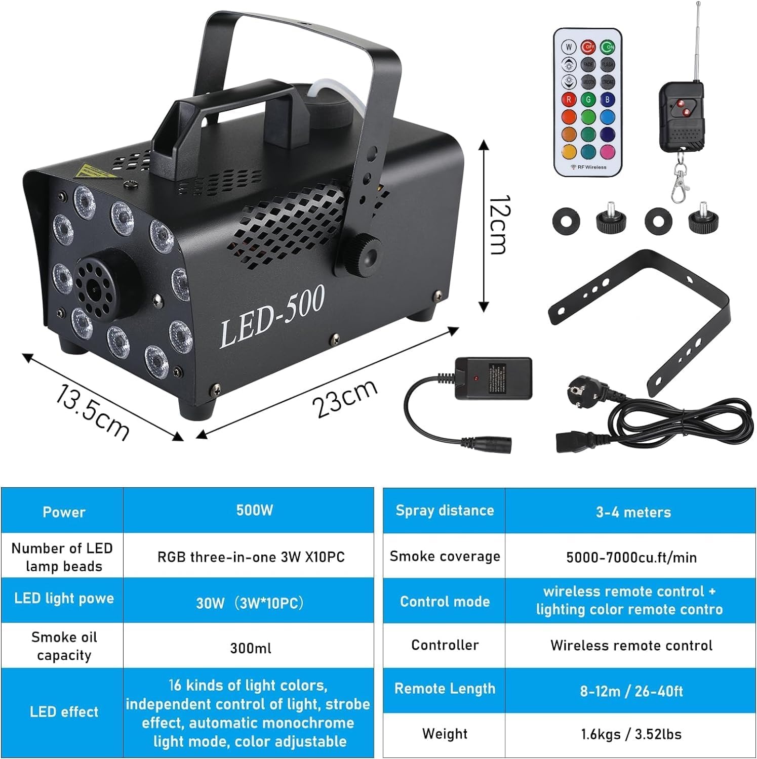 MAMIZO Mini Rookmachine 500W met 13 kleuren LED-verlichting en afstandsbediening - Zwart