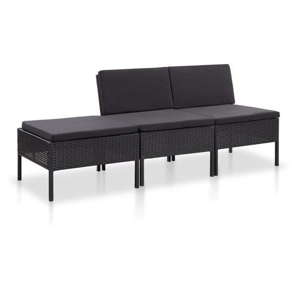 vidaXL Loungeset 3-delig Poly Rattan Zwart met Kussens - 54% Korting