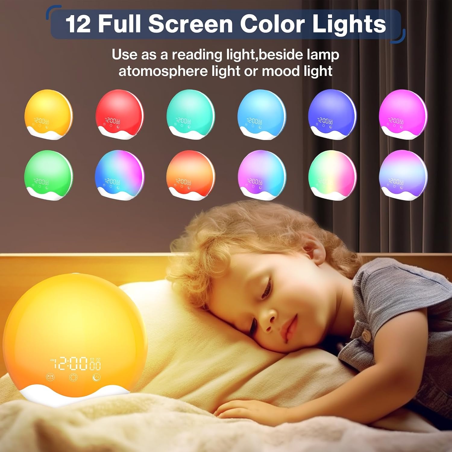 Sunrise Alarm Clock Wake Up Light Touch Screen,Double-Sided Lighting Alarm Clock for Heavy Sleepers,Dual Alarm & Snooze, 12-Color Night Light Sleep Aid, FM Radio