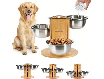 Hondenbak, in hoogte verstelbaar, voederstation met 3 roestvrijstalen bakken, elk 1400 ml, houten voerbak, 3 treden voor middelgrote tot grote honden, 32 x 28 cm
