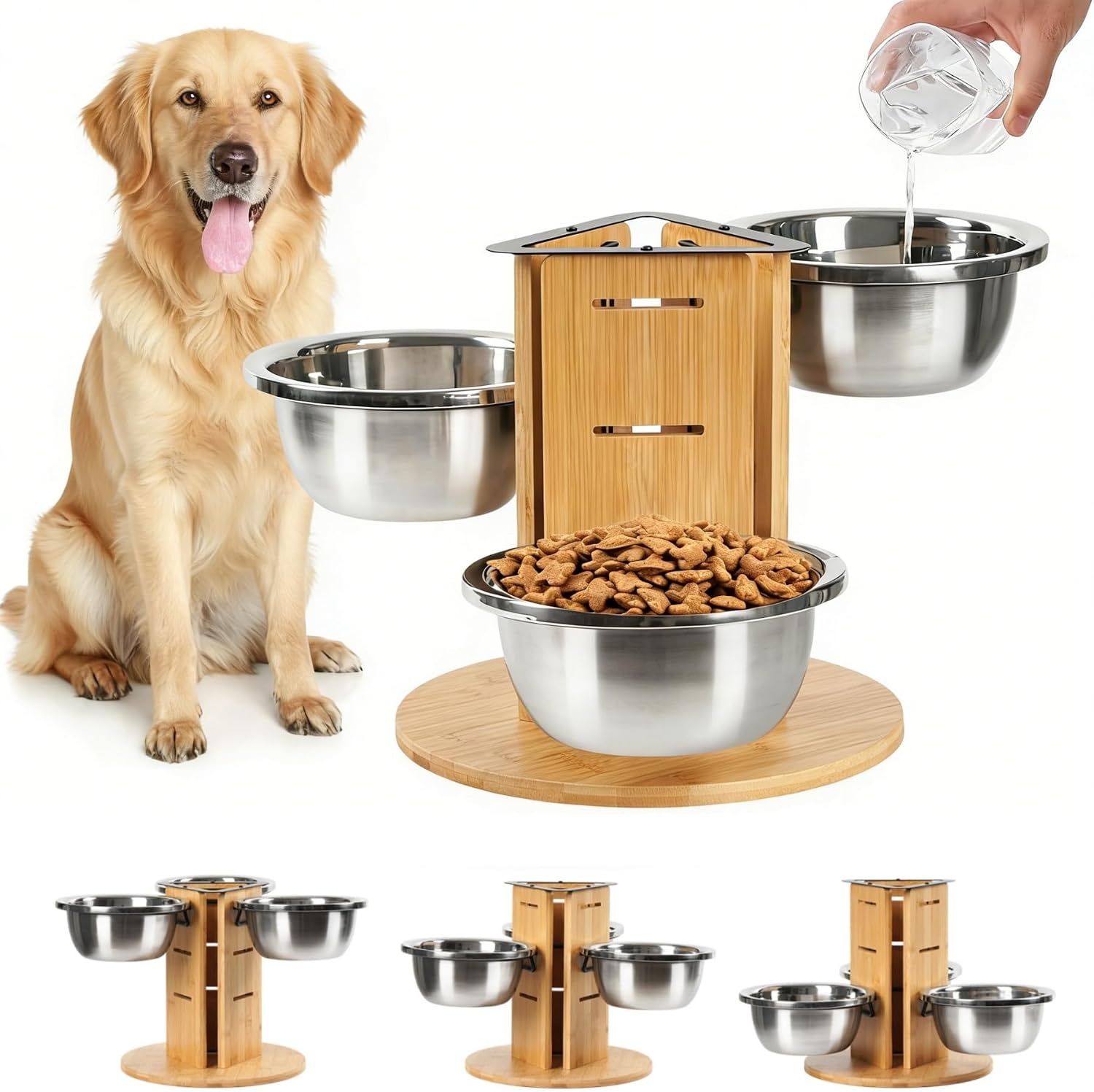 Hondenbak, in hoogte verstelbaar, voederstation met 3 roestvrijstalen bakken, elk 1400 ml, houten voerbak, 3 treden voor middelgrote tot grote honden, 32 x 28 cm
