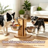 Hondenbak, in hoogte verstelbaar, voederstation met 3 roestvrijstalen bakken, elk 1400 ml, houten voerbak, 3 treden voor middelgrote tot grote honden, 32 x 28 cm