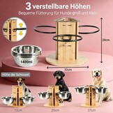 Hondenbak, in hoogte verstelbaar, voederstation met 3 roestvrijstalen bakken, elk 1400 ml, houten voerbak, 3 treden voor middelgrote tot grote honden, 32 x 28 cm