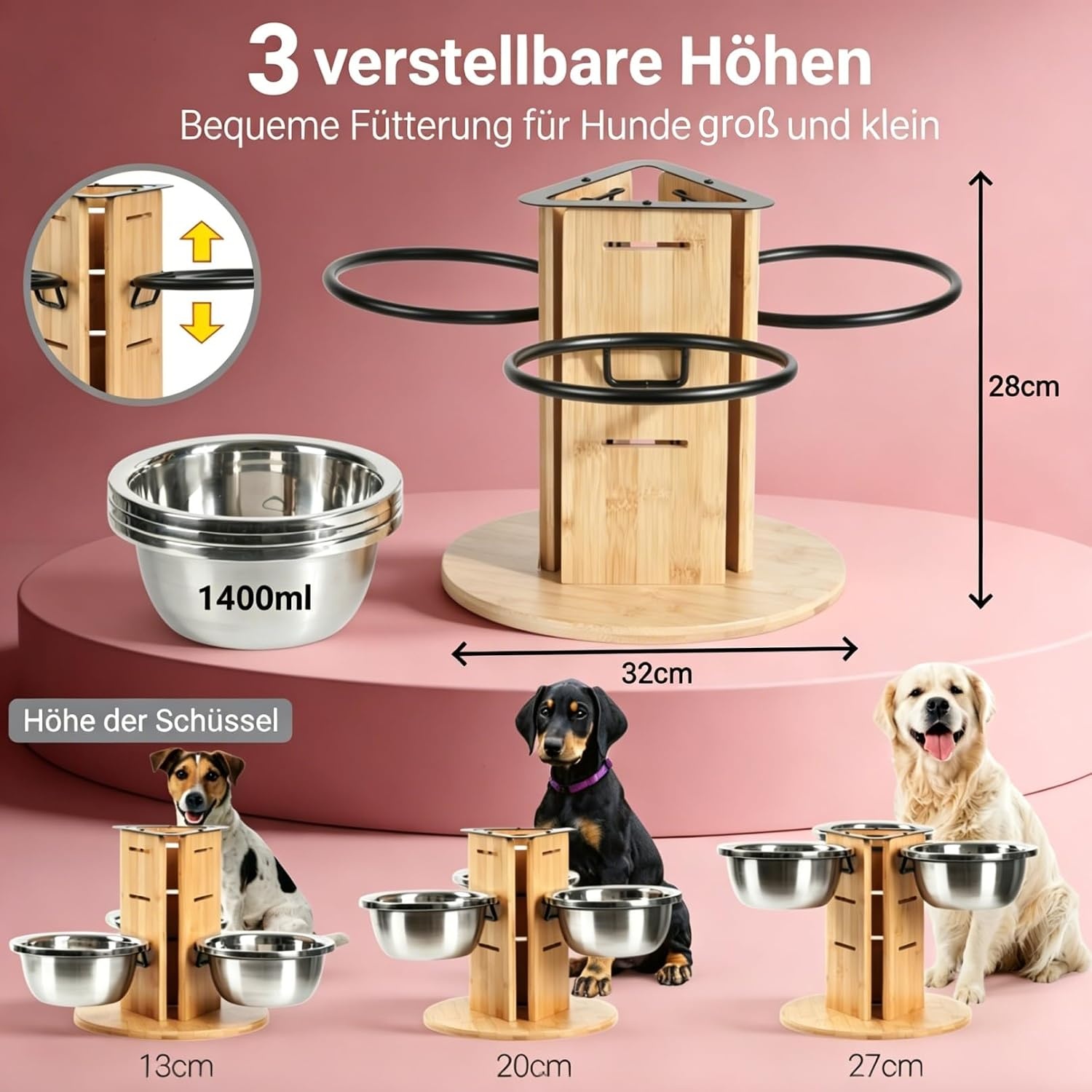 Hondenbak, in hoogte verstelbaar, voederstation met 3 roestvrijstalen bakken, elk 1400 ml, houten voerbak, 3 treden voor middelgrote tot grote honden, 32 x 28 cm