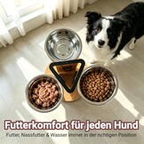 Hondenbak, in hoogte verstelbaar, voederstation met 3 roestvrijstalen bakken, elk 1400 ml, houten voerbak, 3 treden voor middelgrote tot grote honden, 32 x 28 cm