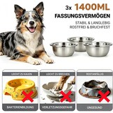 Hondenbak, in hoogte verstelbaar, voederstation met 3 roestvrijstalen bakken, elk 1400 ml, houten voerbak, 3 treden voor middelgrote tot grote honden, 32 x 28 cm