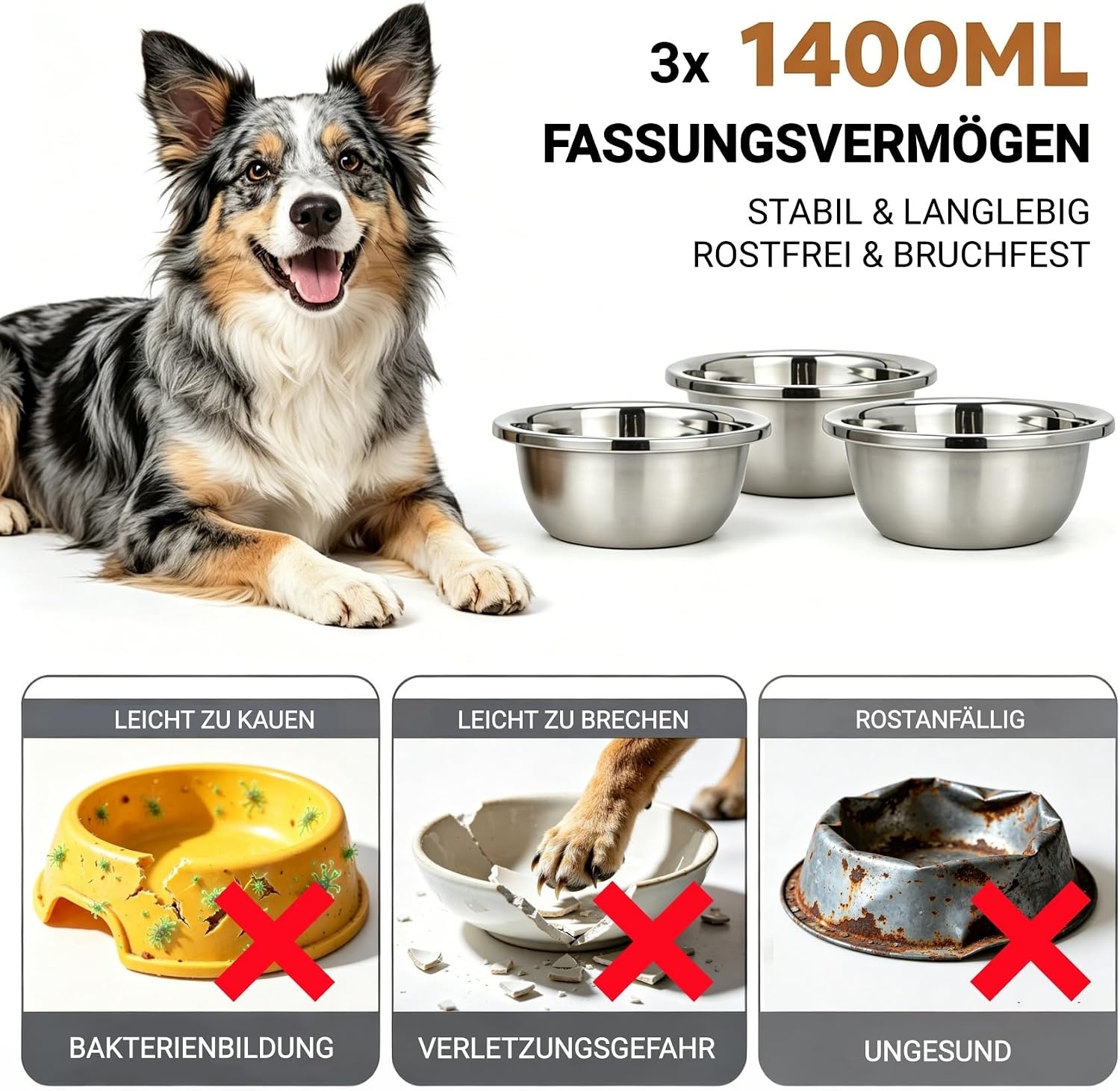 Hondenbak, in hoogte verstelbaar, voederstation met 3 roestvrijstalen bakken, elk 1400 ml, houten voerbak, 3 treden voor middelgrote tot grote honden, 32 x 28 cm