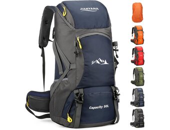 jianyana Hiking Backpack Waterproof 50L Foldable Rucksack Durable Lightweight Camping Bag with Rain Cover for Camping Trekking Hiking Walking Cycling Climbing Outdoor Sports for Women Men