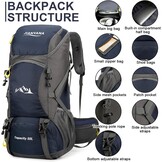 jianyana Hiking Backpack Waterproof 50L Foldable Rucksack Durable Lightweight Camping Bag with Rain Cover for Camping Trekking Hiking Walking Cycling Climbing Outdoor Sports for Women Men