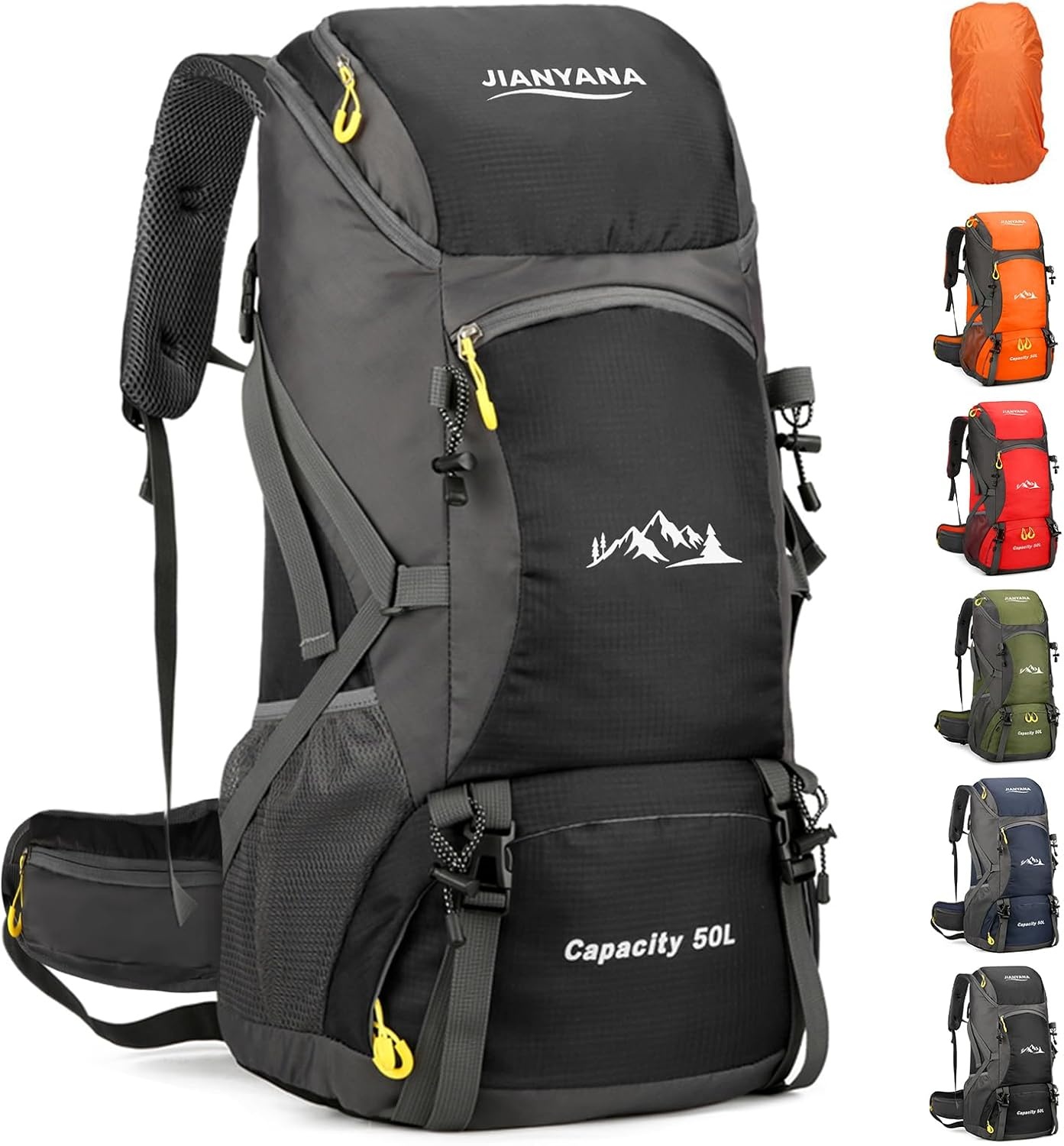 jianyana Hiking Backpack Waterproof 50L Foldable Rucksack Durable Lightweight Camping Bag with Rain Cover for Camping Trekking Hiking Walking Cycling Climbing Outdoor Sports for Women Men
