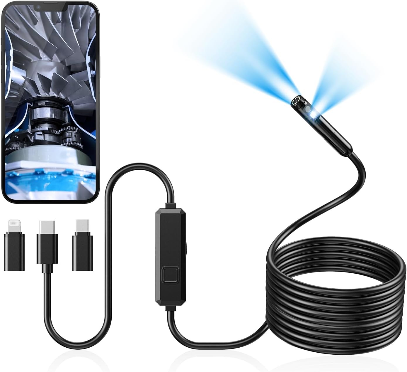 Acoath Endoscoopcamera met licht, 1920 HD buiscamera met 8 leds, IP67 waterdichte inspectiecamera, gadget, 5 m kanaalcamera, gereedschap voor Android en iOS, 2 lenzen