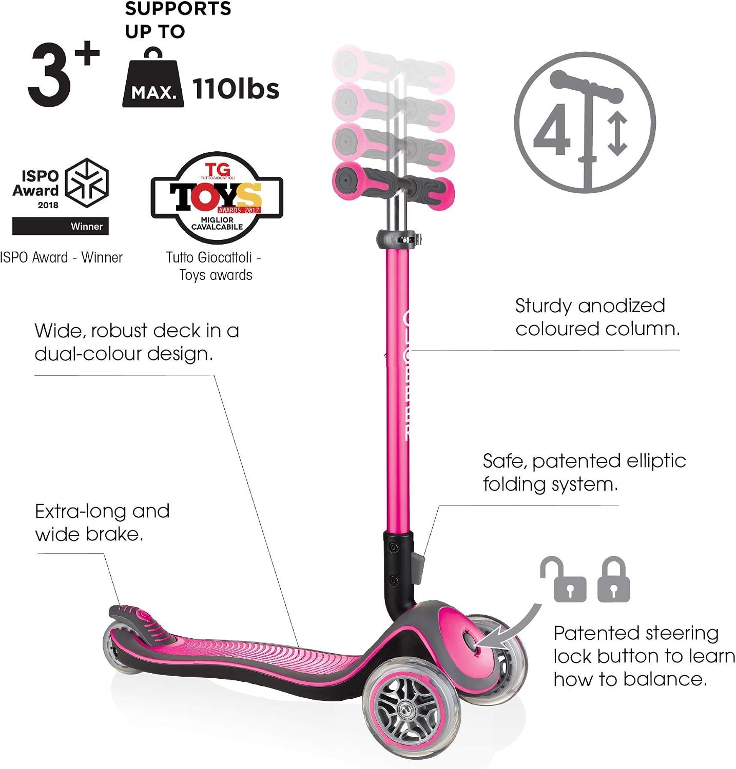 Globber Elite Deluxe Lights – step voor kinderen, 120/80 mm, ABEC 5, 3 wielen, in hoogte verstelbaar, led-wielen, roze