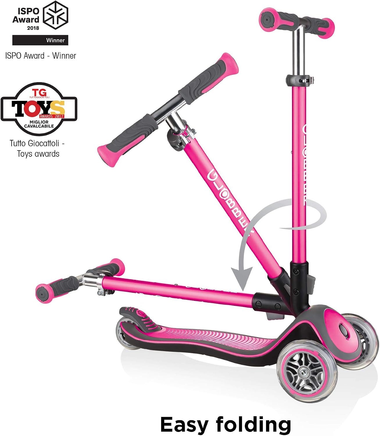 Globber Elite Deluxe Lights – step voor kinderen, 120/80 mm, ABEC 5, 3 wielen, in hoogte verstelbaar, led-wielen, roze