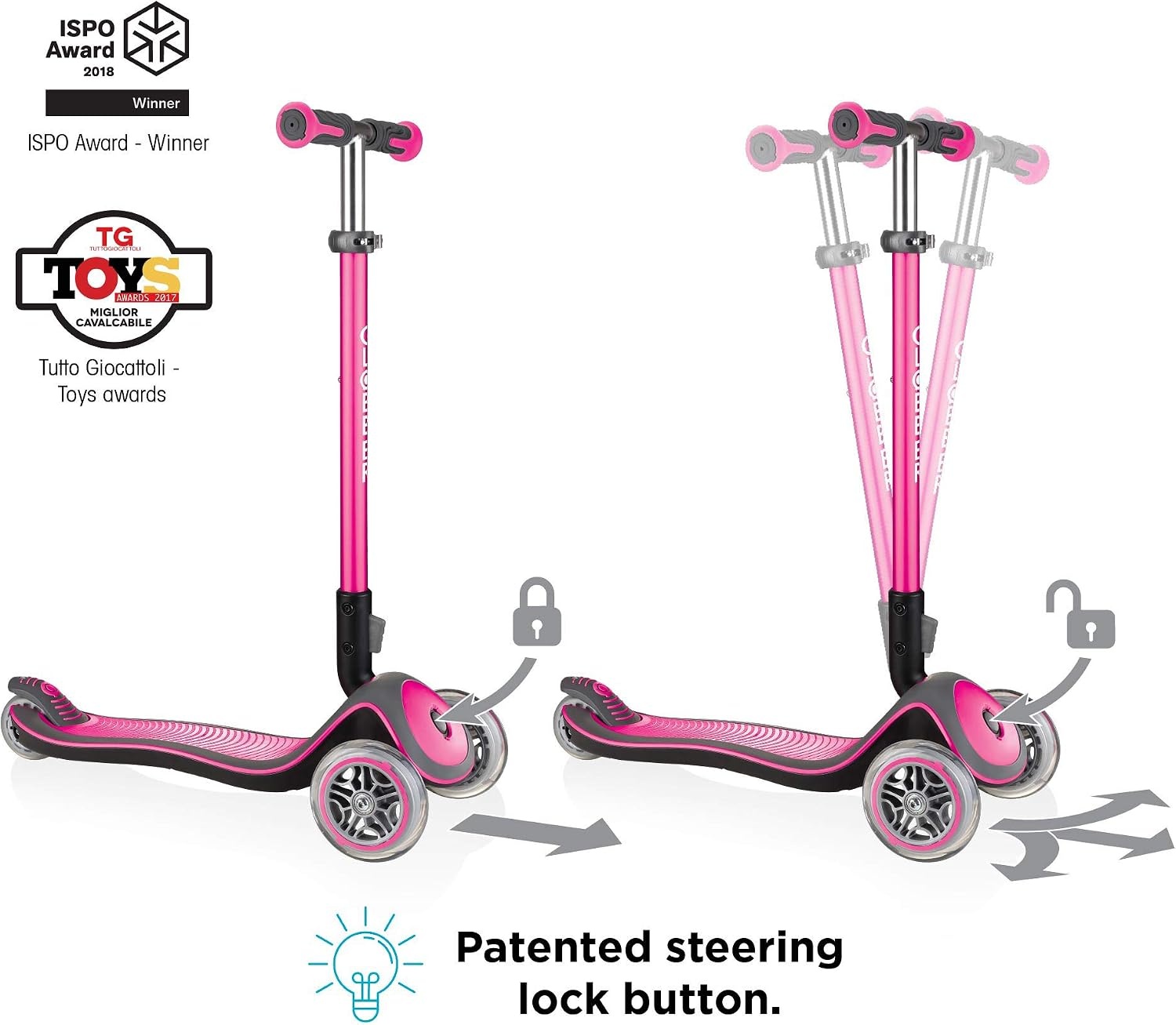 Globber Elite Deluxe Lights – step voor kinderen, 120/80 mm, ABEC 5, 3 wielen, in hoogte verstelbaar, led-wielen, roze