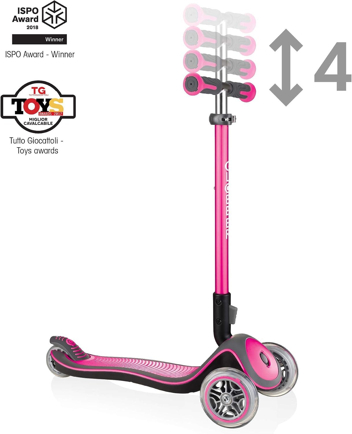 Globber Elite Deluxe Lights – step voor kinderen, 120/80 mm, ABEC 5, 3 wielen, in hoogte verstelbaar, led-wielen, roze