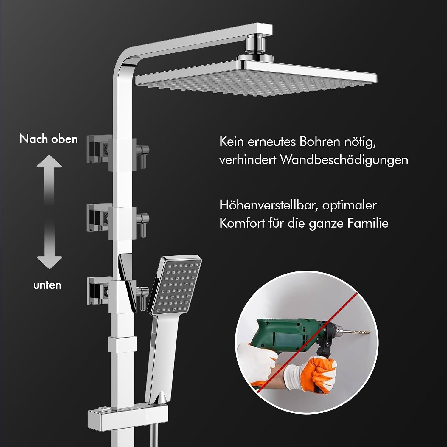 HOMELODY Douchesysteem met thermostaat, chroom, douchearmatuur, roestvrij staal, regendouche met armatuur, complete set met regendouche, douchekop, verstelbare douchestang, doucheset
