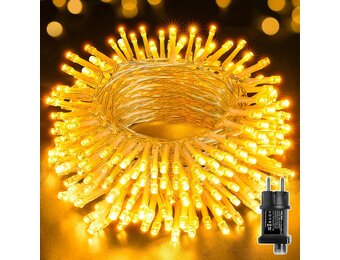 Ollny 10m 100 Led-lichtsnoer voor buiten, stroom met timer, geheugenfunctie, transparante kabel, waterdicht, 8 modi, voor tuin, terras, balkon, bruiloften, feesten(warmwit) - Maat 10m
