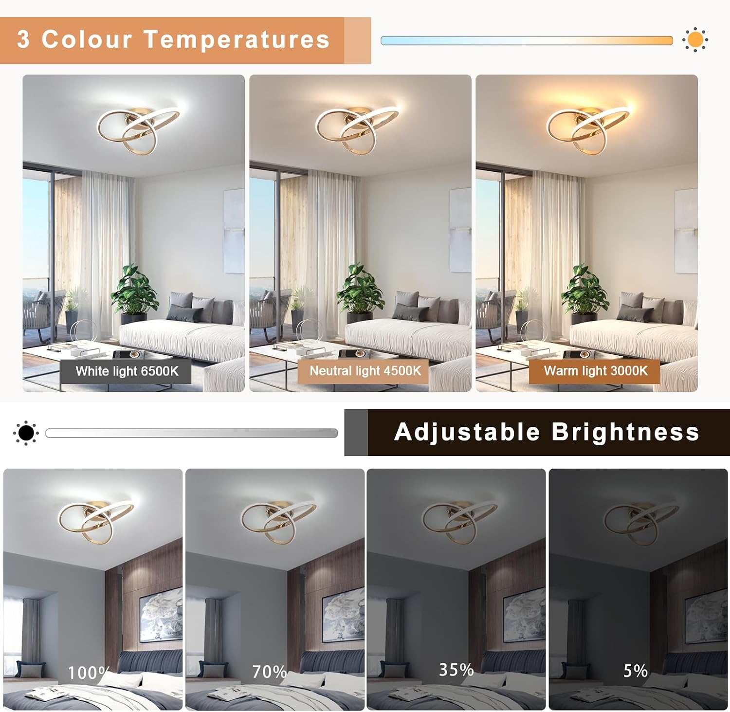 Comely 36W Dimmable LED Ceiling Light, Creative Flower Shape Golden Ceiling Light, Modern LED Ceiling Light with Remote Control for Bedroom, Hallway, Entrance, 3000K-6500K