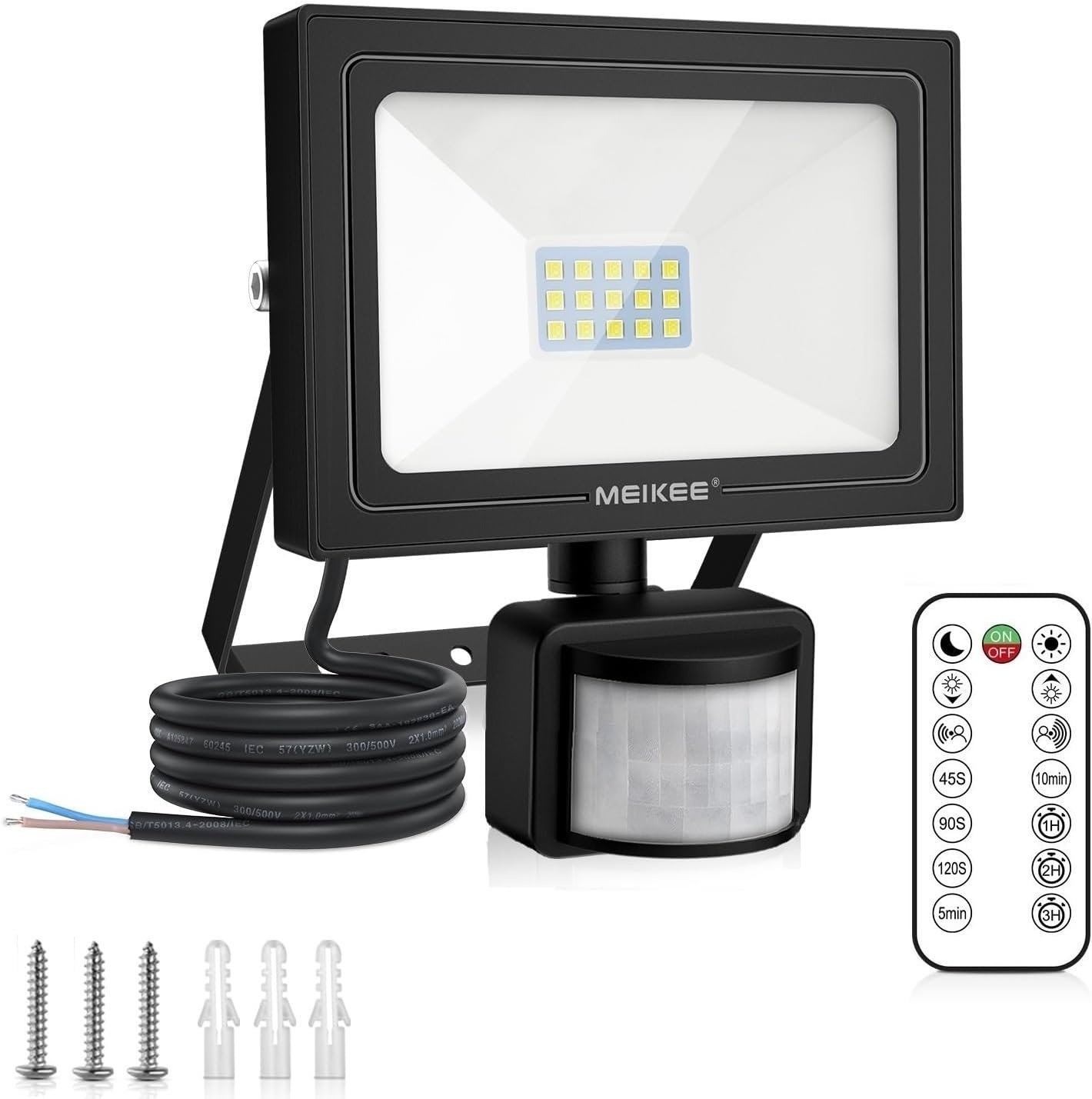 MEIKEE 15 W led-spot met bewegingsmelder voor buiten, 1200 lumen, super helder, 6500 K, koudwit, IP66 waterdicht, timerfunctie, helderheid instelbaar, schijnwerper voor tuin, garage, erf