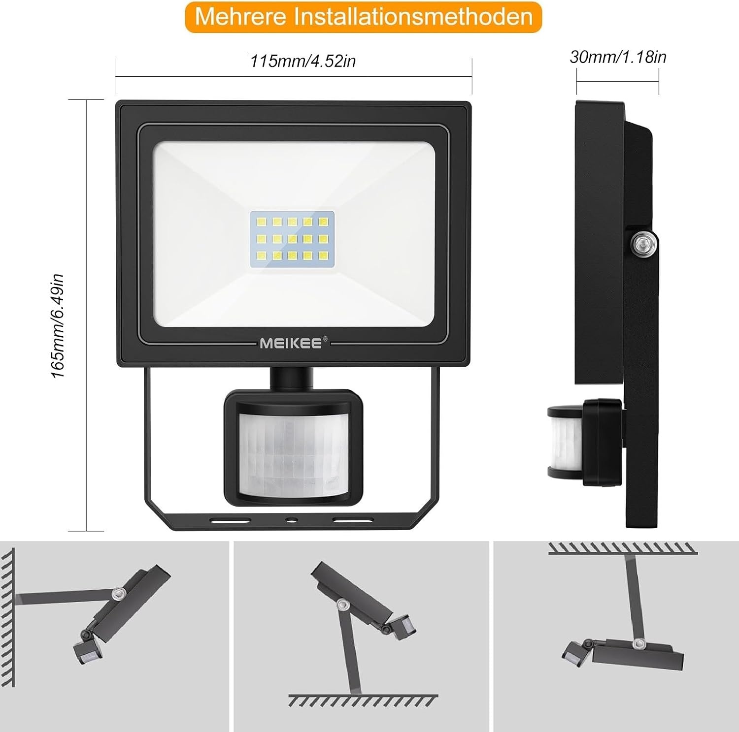 MEIKEE 15 W led-spot met bewegingsmelder voor buiten, 1200 lumen, super helder, 6500 K, koudwit, IP66 waterdicht, timerfunctie, helderheid instelbaar, schijnwerper voor tuin, garage, erf
