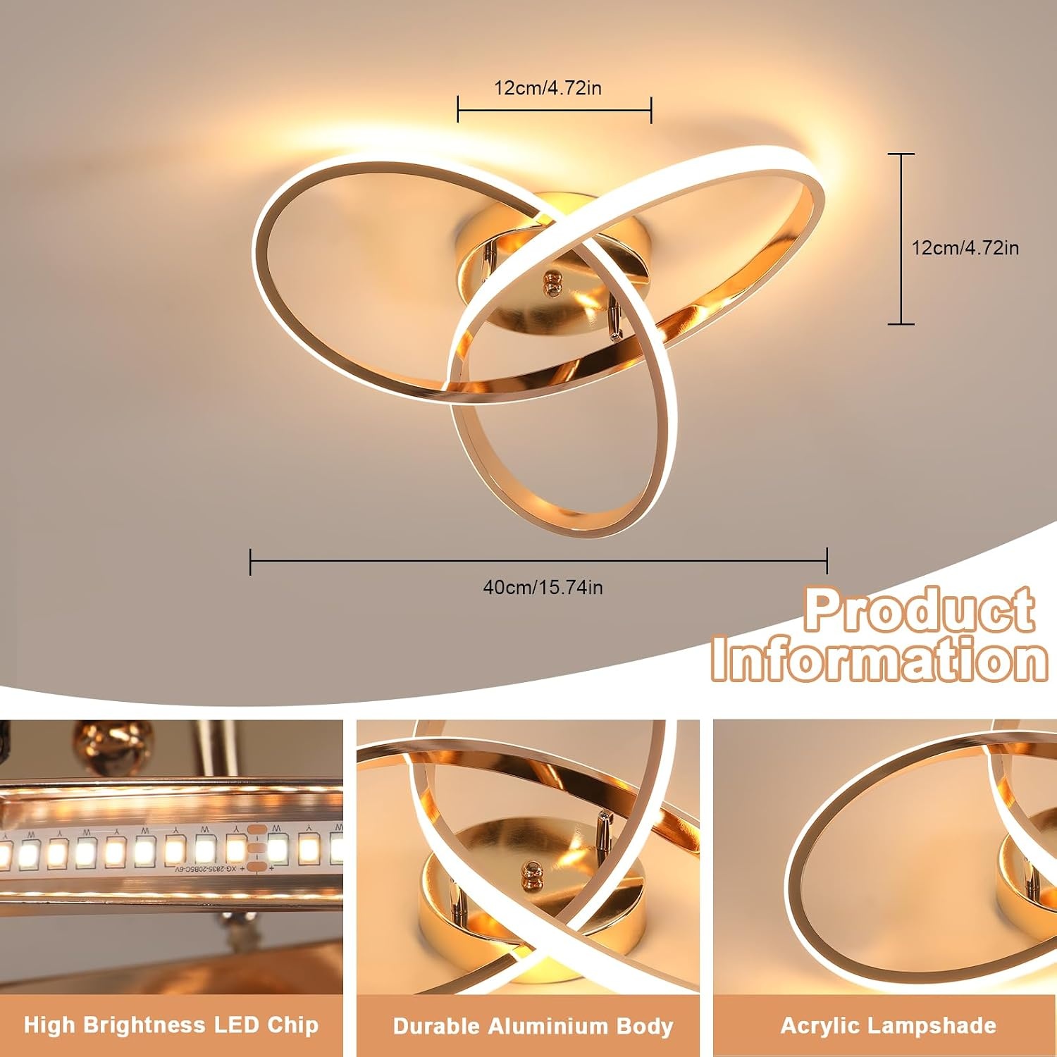 Comely 36W Dimmable LED Ceiling Light, Creative Flower Shape Golden Ceiling Light, Modern LED Ceiling Light with Remote Control for Bedroom, Hallway, Entrance, 3000K-6500K