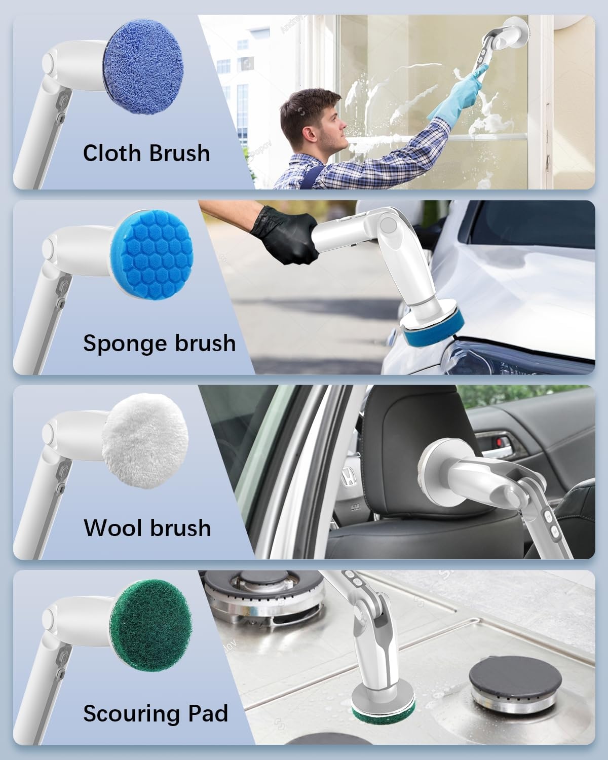 Leebein Elektrische reinigingsborstel, nieuwe spin scrubber met 8 verwisselbare borstelkoppen, verstelbare verlenggreep en 2 rotatiesnelheden voor badkamer, keuken, auto