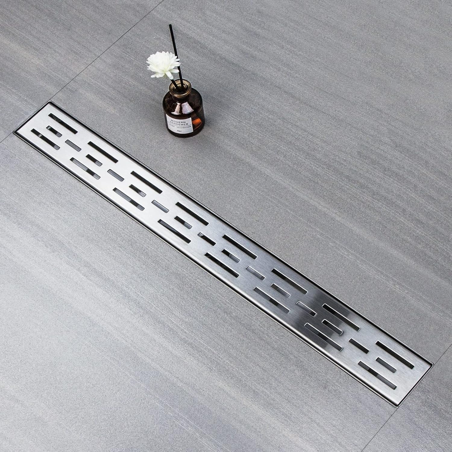 Strips Shower Drain 110 cm Extra Flat Stainless Steel Floor Drain Complete Set with Siphon Hair Strainer