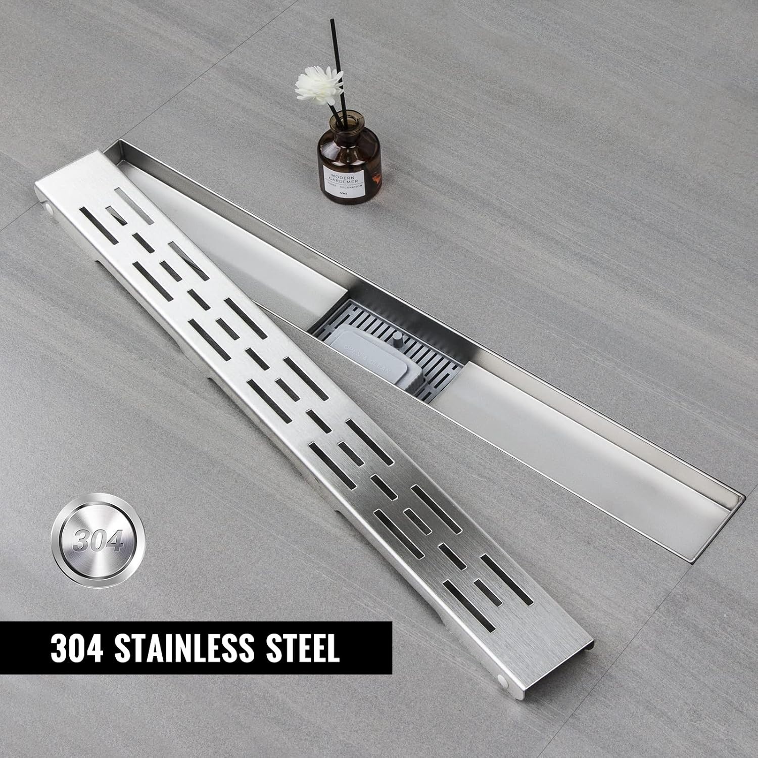 Strips Shower Drain 110 cm Extra Flat Stainless Steel Floor Drain Complete Set with Siphon Hair Strainer