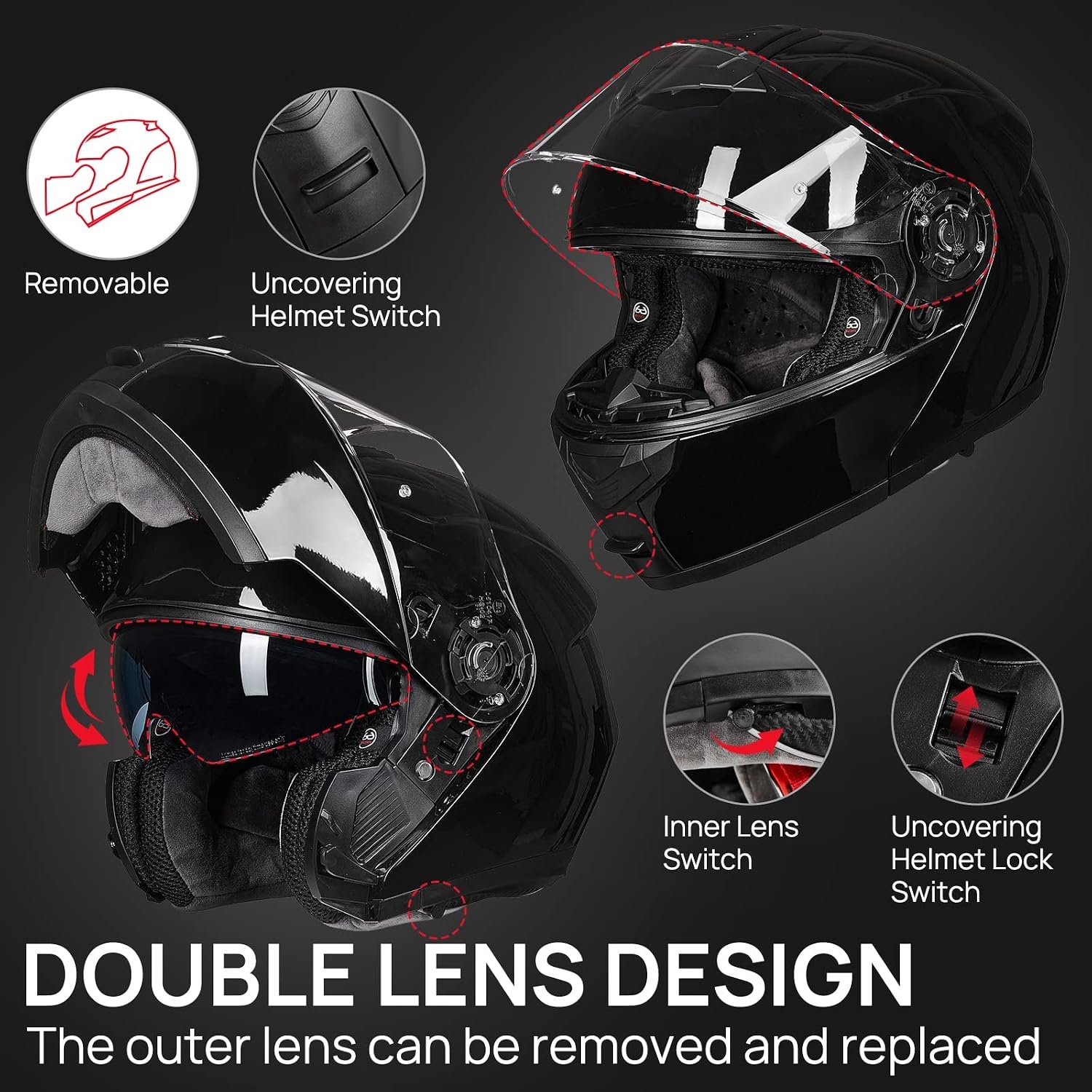 ILM Adult Motorcycle Modular Full Face Helmet Flip up Dual Visor DOT Approved Model 159(Gloss Black,Large)