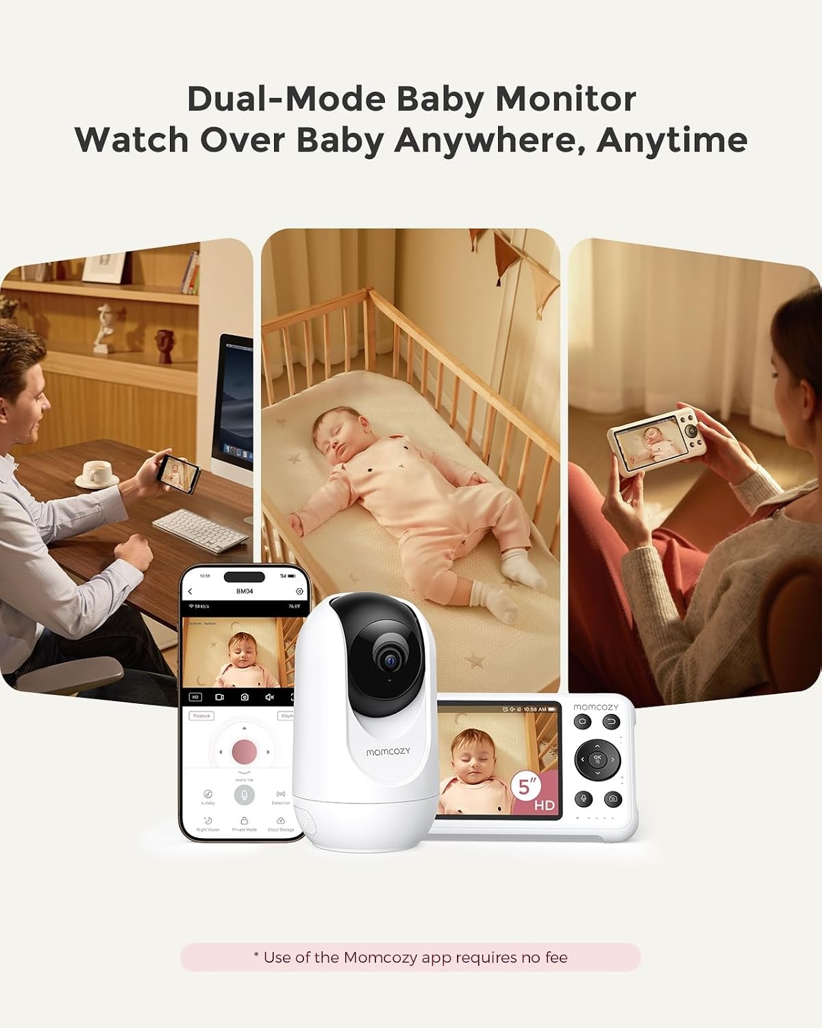 Momcozy Babyfoon Met 2-Camera App, 12,7 cm Wi-Fi Video Babyfoon Met Camera En Audio, 4× Zoom, Bewegings- En Huilherkenning, Veilige Zone, Heldere Nachtzicht, Tweeweggesprek, Foto- En Video-opname
