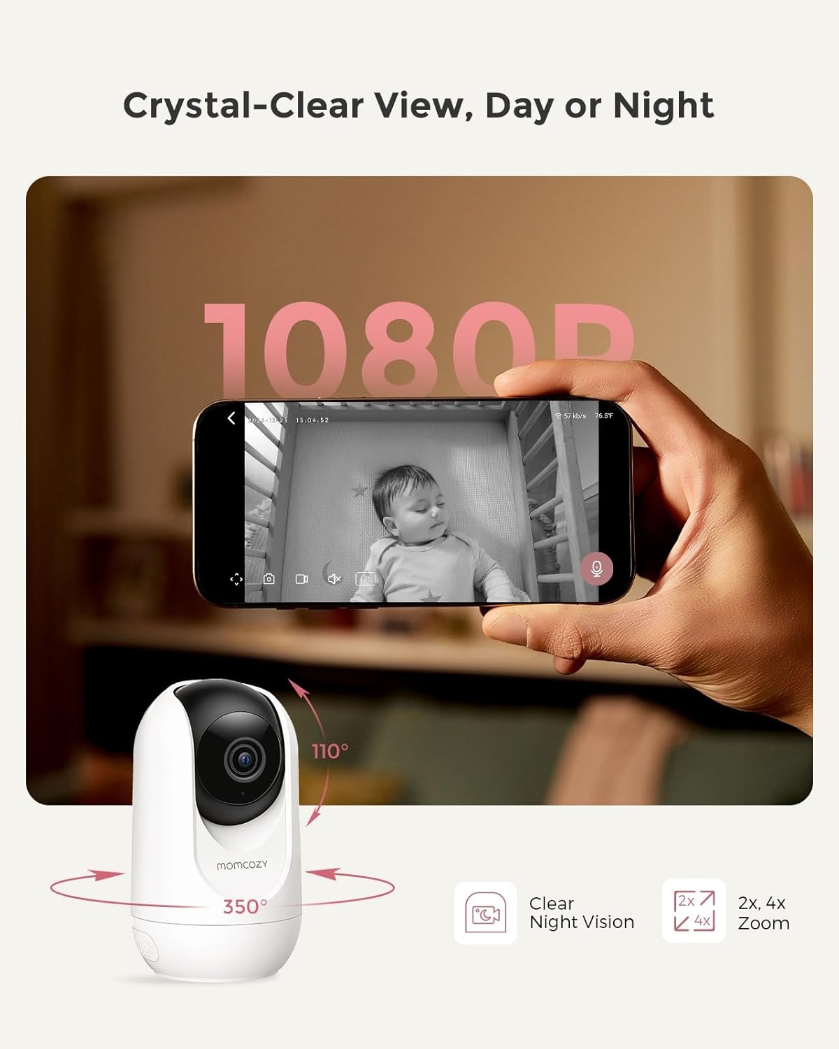 Momcozy Babyfoon Met 2-Camera App, 12,7 cm Wi-Fi Video Babyfoon Met Camera En Audio, 4× Zoom, Bewegings- En Huilherkenning, Veilige Zone, Heldere Nachtzicht, Tweeweggesprek, Foto- En Video-opname