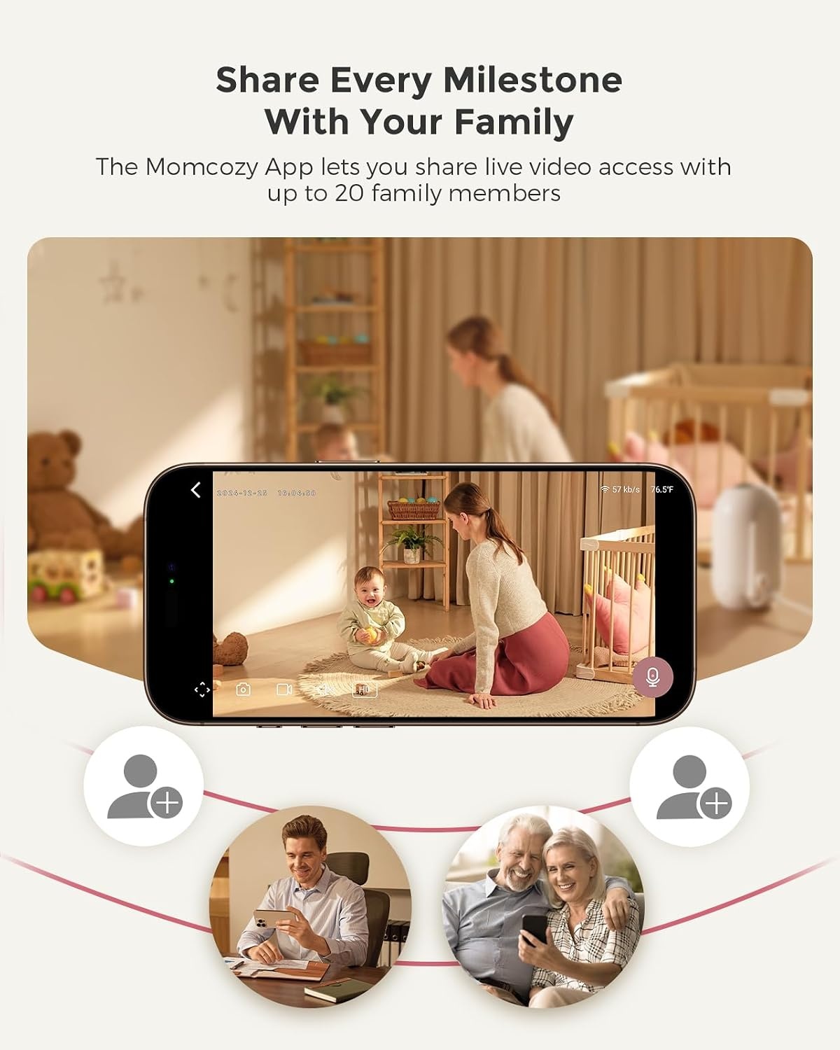 Momcozy Babyfoon Met 2-Camera App, 12,7 cm Wi-Fi Video Babyfoon Met Camera En Audio, 4× Zoom, Bewegings- En Huilherkenning, Veilige Zone, Heldere Nachtzicht, Tweeweggesprek, Foto- En Video-opname