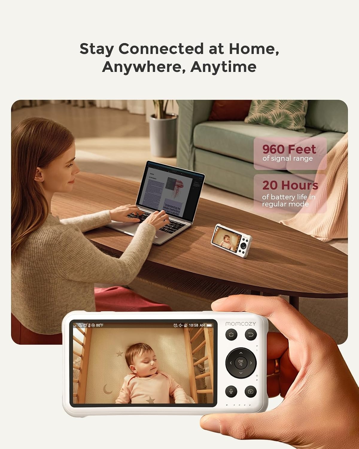 Momcozy Babyfoon Met 2-Camera App, 12,7 cm Wi-Fi Video Babyfoon Met Camera En Audio, 4× Zoom, Bewegings- En Huilherkenning, Veilige Zone, Heldere Nachtzicht, Tweeweggesprek, Foto- En Video-opname