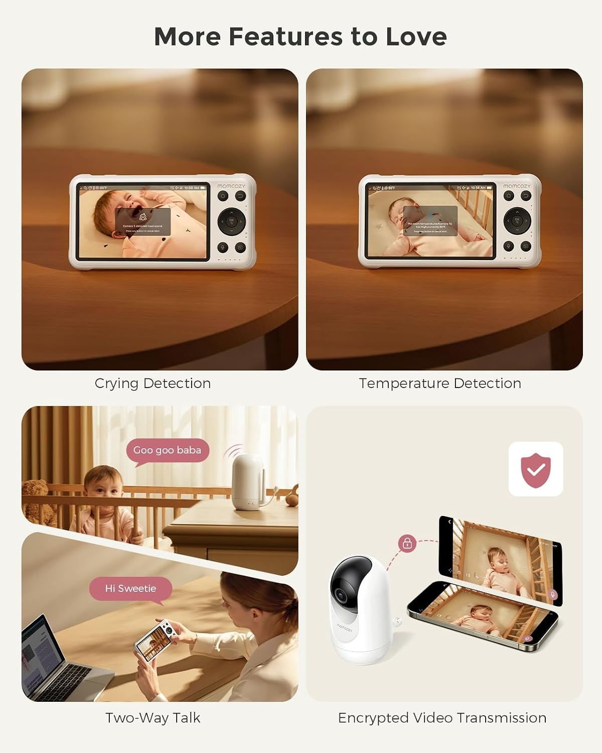 Momcozy Babyfoon Met 2-Camera App, 12,7 cm Wi-Fi Video Babyfoon Met Camera En Audio, 4× Zoom, Bewegings- En Huilherkenning, Veilige Zone, Heldere Nachtzicht, Tweeweggesprek, Foto- En Video-opname