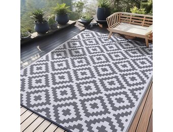 Homaxy Outdoor Rug Weatherproof, Plastic Straw Rug UV-Resistant Reversible Balcony Rug Foldable Washable Garden Rug for Patio Camping Picnic (240 x 300 cm, Grey & White)