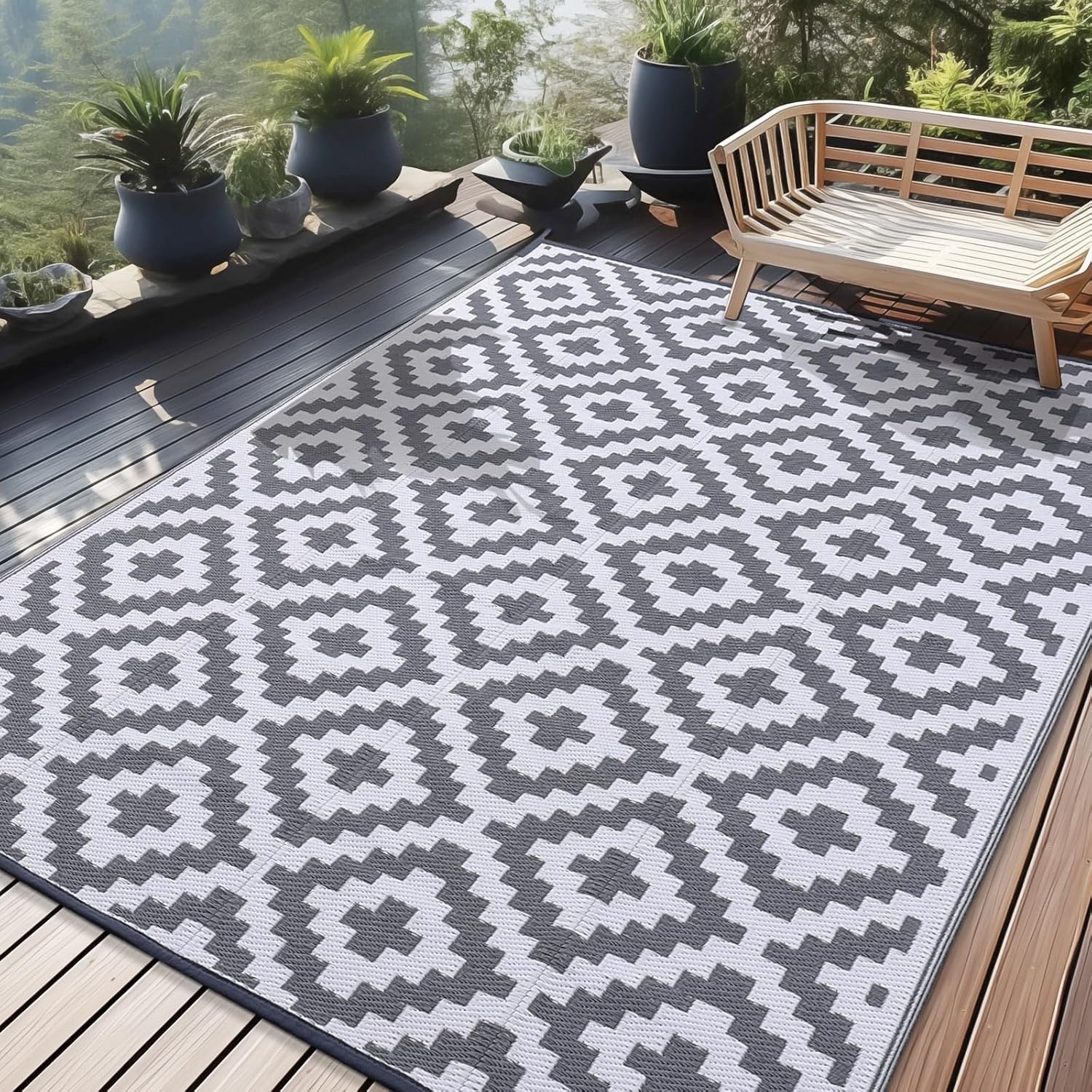 Homaxy Outdoor Rug Weatherproof, Plastic Straw Rug UV-Resistant Reversible Balcony Rug Foldable Washable Garden Rug for Patio Camping Picnic (240 x 300 cm, Grey & White)