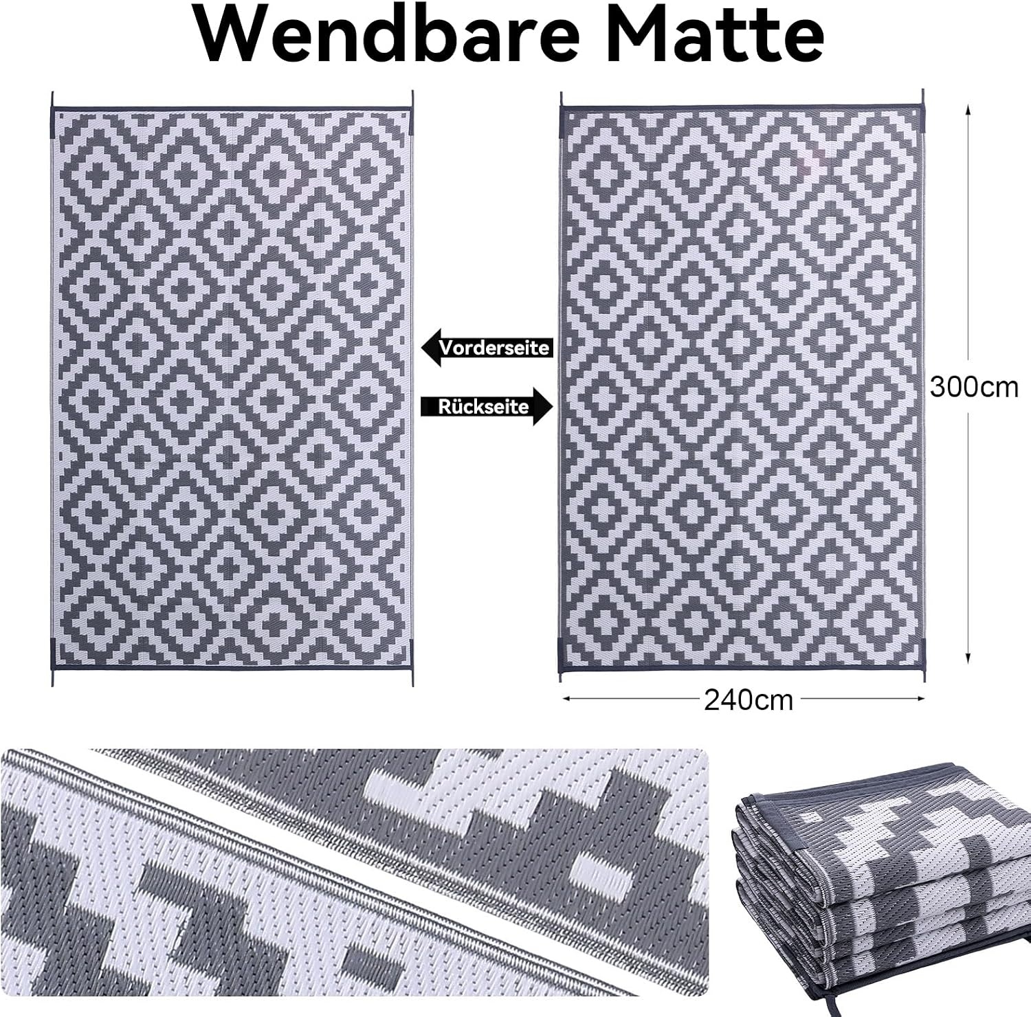 Homaxy Outdoor Rug Weatherproof, Plastic Straw Rug UV-Resistant Reversible Balcony Rug Foldable Washable Garden Rug for Patio Camping Picnic (240 x 300 cm, Grey & White)